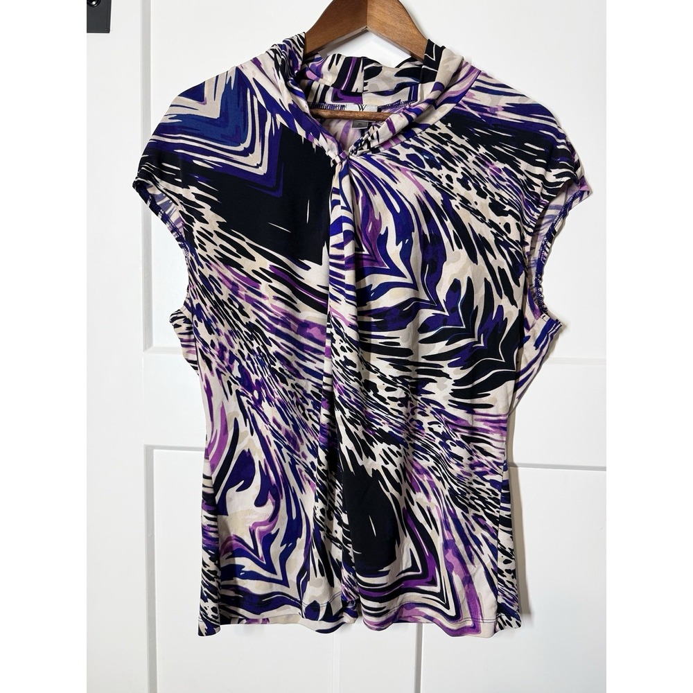 Worthington Stretch XL Purple Abstract Cowl Neck Blouse Cap Sleeve Career Top